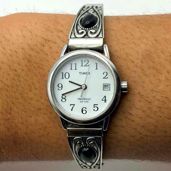 Silver & Black Stone Timex Watch - Picture 2 of 4